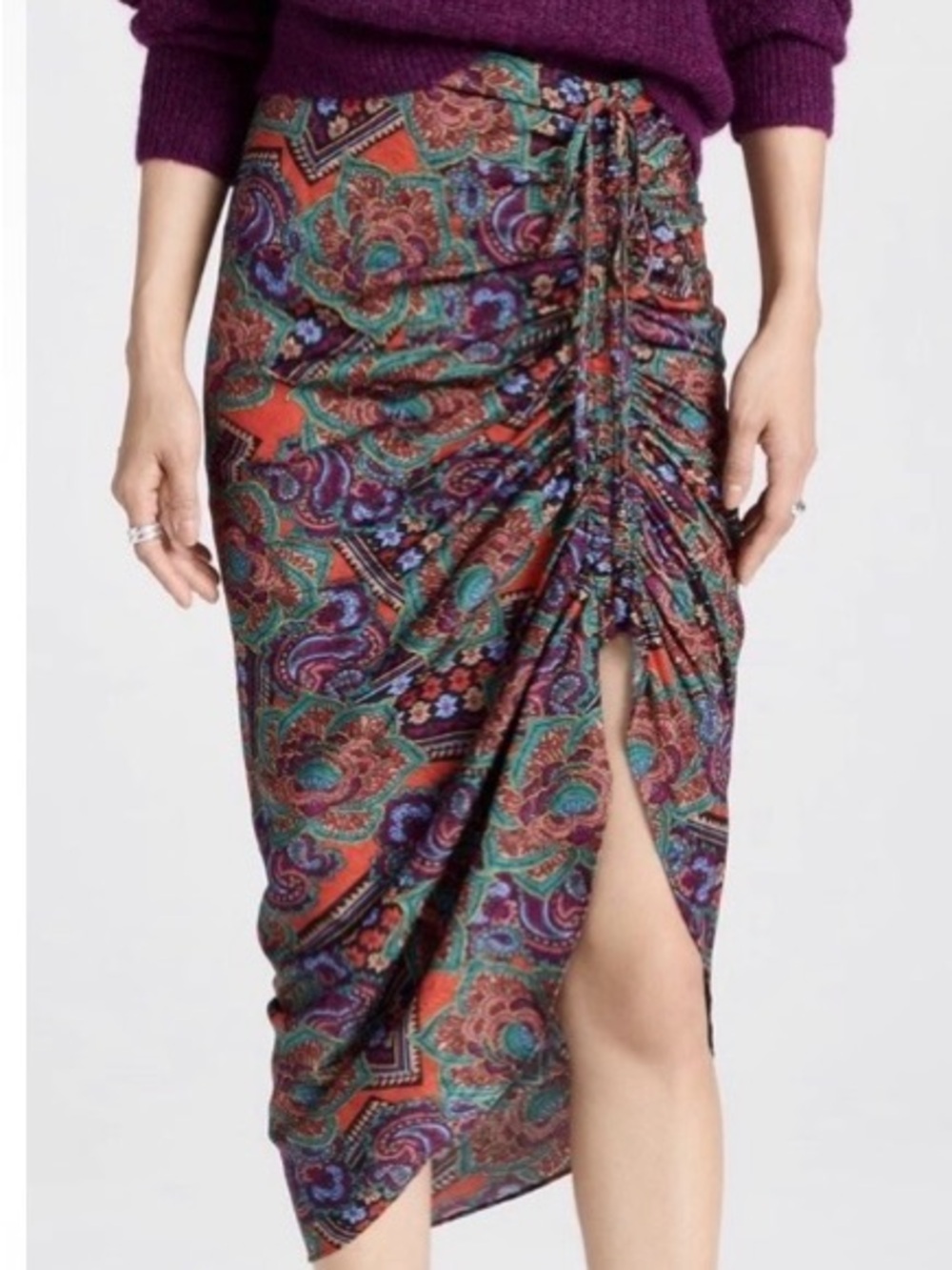 Veronica Beard Ari Multicolor Paisley Silk Blend Ruched Midi Skirt Size 6